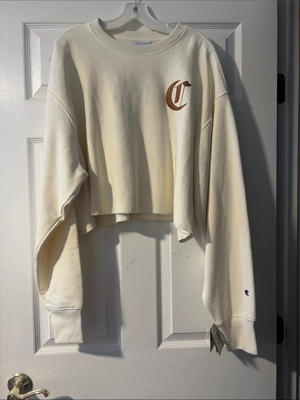 Champion Cream Cropped Crewneck with Brown 'C' Logo